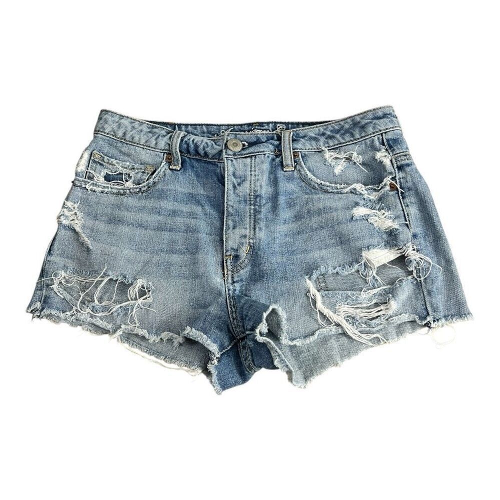 American Eagle Denim Shorts Women Size 8 Blue Distressed Button Fly Y2K Cutoff
